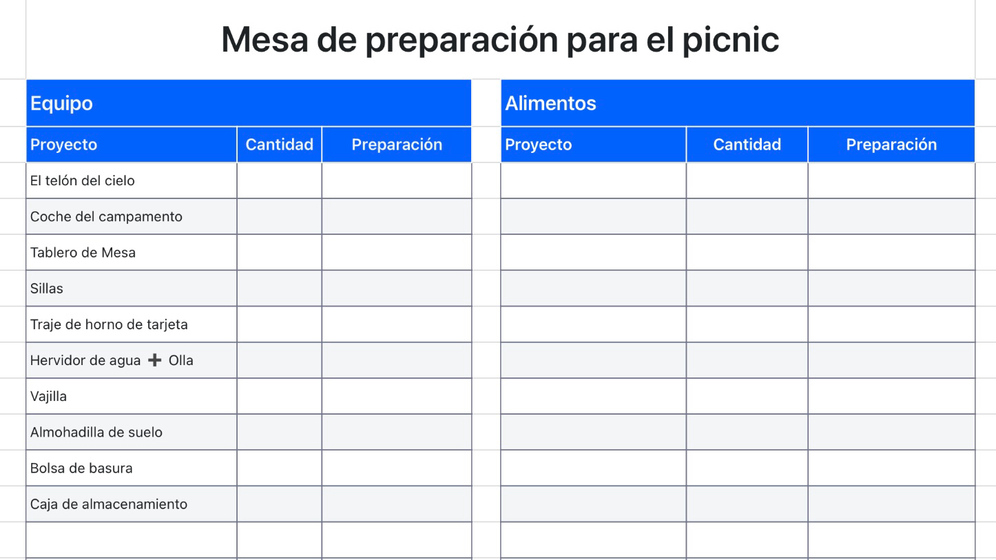 Mesa de preparación para el picnic